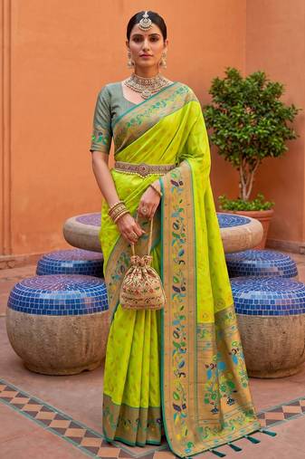 Parrot green  faux banarasi silk saree with paithani rich weaved pallu and blouse