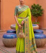 Parrot green  faux banarasi silk saree with paithani rich weaved pallu and blouse