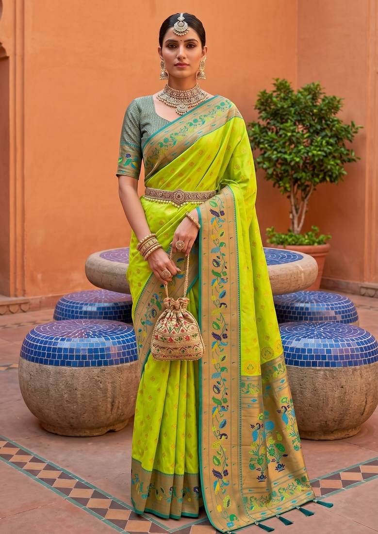 Parrot green  faux banarasi silk saree with paithani rich weaved pallu and blouse