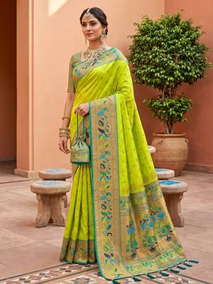 Parrot green  faux banarasi silk saree with paithani rich weaved pallu and blouse 2