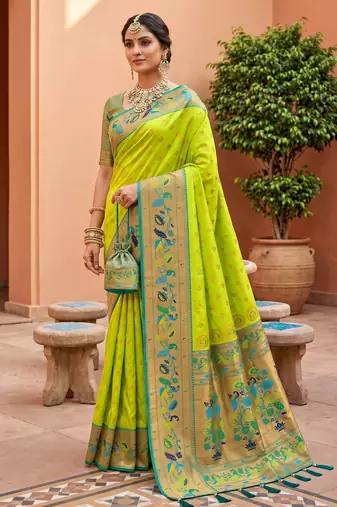 Parrot green  faux banarasi silk saree with paithani rich weaved pallu and blouse