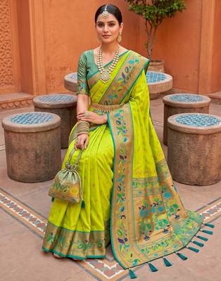 Parrot green  faux banarasi silk saree with paithani rich weaved pallu and blouse 3