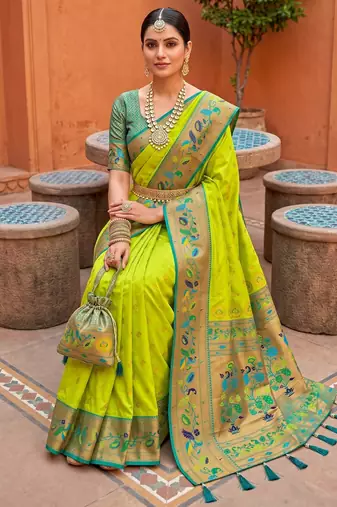 Parrot green  faux banarasi silk saree with paithani rich weaved pallu and blouse