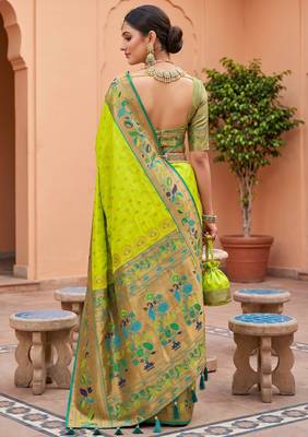 Parrot green  faux banarasi silk saree with paithani rich weaved pallu and blouse 4