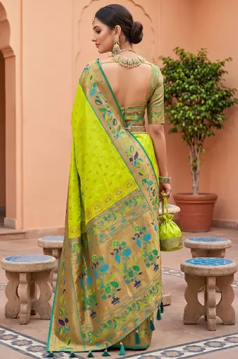 Parrot green  faux banarasi silk saree with paithani rich weaved pallu and blouse