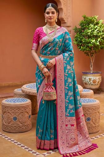Sea green soft silk blend saree with zari weaving meenakari design