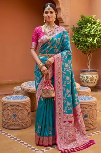 Sea green soft silk blend saree with zari weaving meenakari design