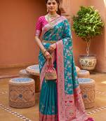 Sea green soft silk blend saree with zari weaving meenakari design