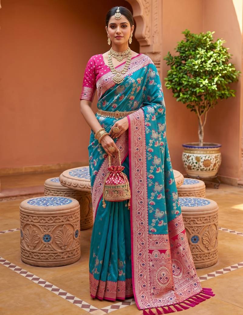 Sea green soft silk blend saree with zari weaving meenakari design