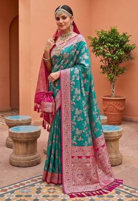 Sea green soft silk blend saree with zari weaving meenakari design 2