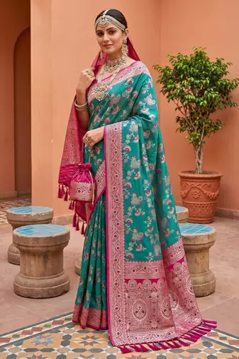 Sea green soft silk blend saree with zari weaving meenakari design
