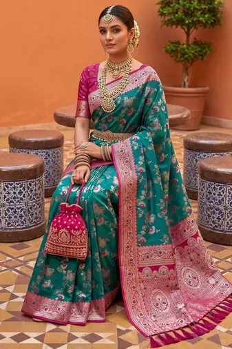 Sea green soft silk blend saree with zari weaving meenakari design