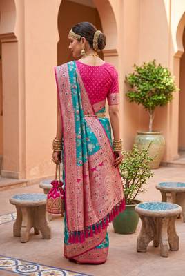 Sea green soft silk blend saree with zari weaving meenakari design 4