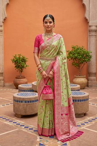 Pear  soft silk blend saree with zari weaving meenakari design