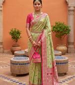 Pear  soft silk blend saree with zari weaving meenakari design