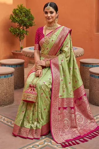 Pear  soft silk blend saree with zari weaving meenakari design