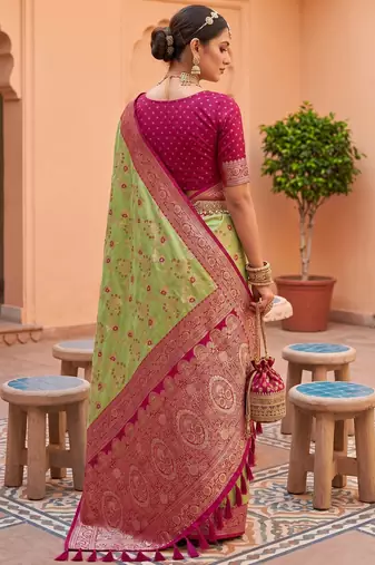 Pear  soft silk blend saree with zari weaving meenakari design