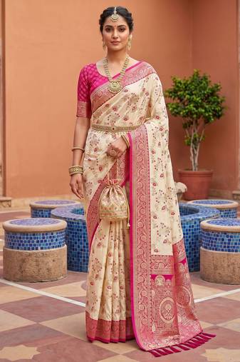 White soft silk blend saree with zari weaving meenakari design