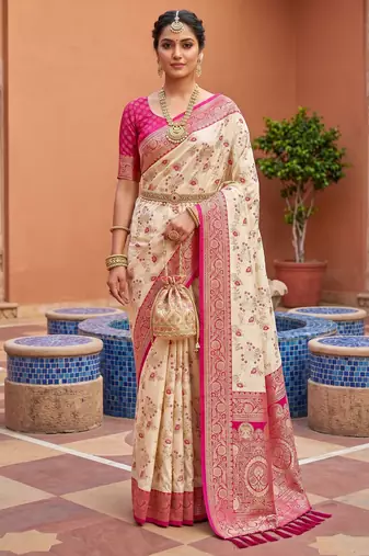 White soft silk blend saree with zari weaving meenakari design