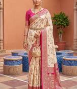 White soft silk blend saree with zari weaving meenakari design