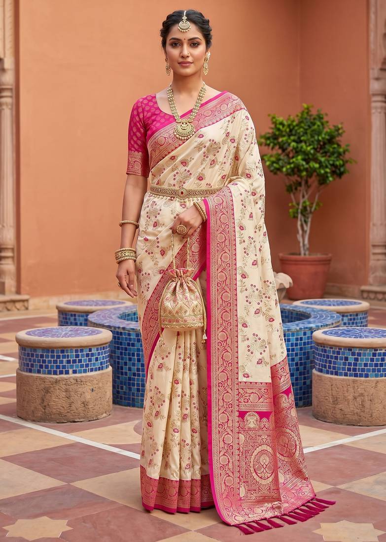 White soft silk blend saree with zari weaving meenakari design