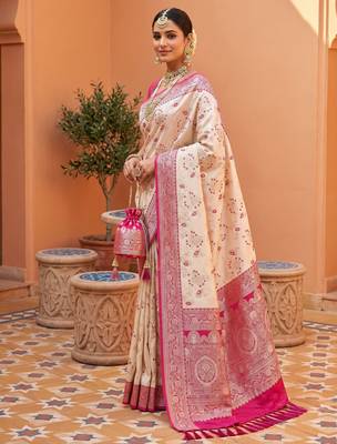 White soft silk blend saree with zari weaving meenakari design 2