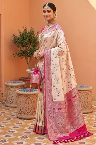 White soft silk blend saree with zari weaving meenakari design