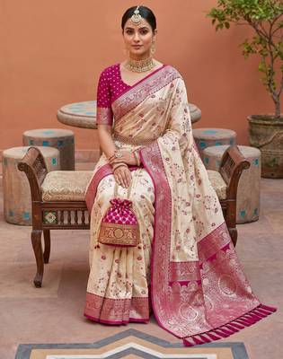 White soft silk blend saree with zari weaving meenakari design 3
