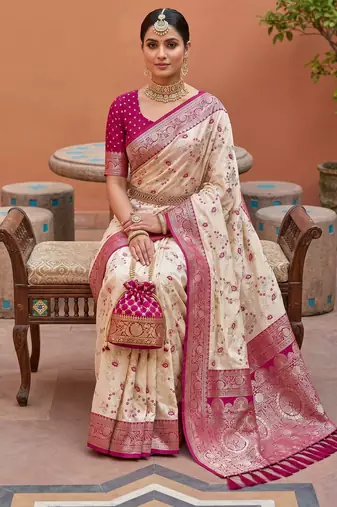 White soft silk blend saree with zari weaving meenakari design