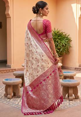 White soft silk blend saree with zari weaving meenakari design 4