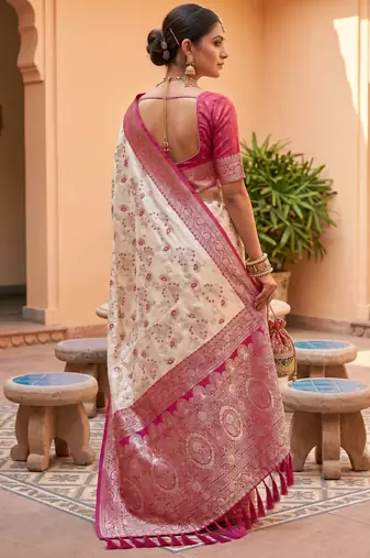 White soft silk blend saree with zari weaving meenakari design
