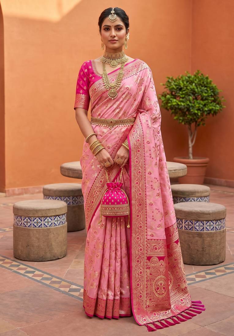 Peach soft silk blend saree with zari weaving meenakari design
