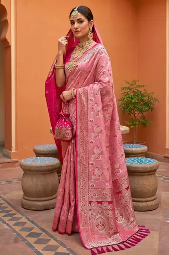 Peach soft silk blend saree with zari weaving meenakari design