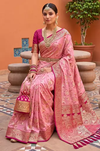 Peach soft silk blend saree with zari weaving meenakari design