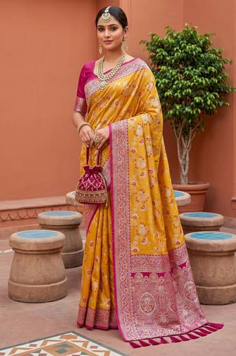 Yellow soft silk blend saree with zari weaving meenakari design