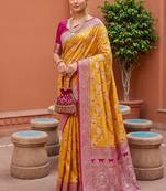 Yellow soft silk blend saree with zari weaving meenakari design