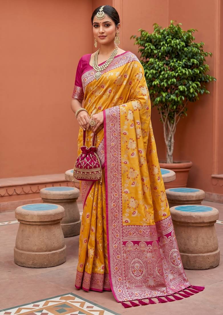 Yellow soft silk blend saree with zari weaving meenakari design