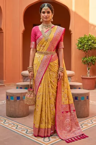 Yellow soft silk blend saree with zari weaving meenakari design