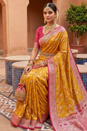Yellow soft silk blend saree with zari weaving meenakari design