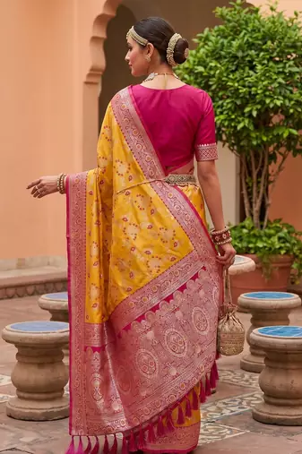 Yellow soft silk blend saree with zari weaving meenakari design