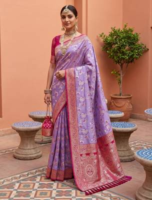 Lavender  soft silk blend saree with zari weaving meenakari design 2