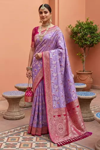 Lavender  soft silk blend saree with zari weaving meenakari design