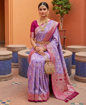 Lavender  soft silk blend saree with zari weaving meenakari design 3