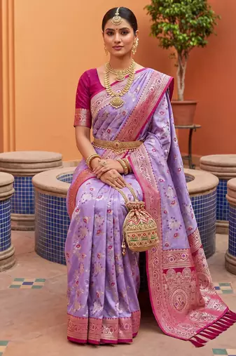 Lavender  soft silk blend saree with zari weaving meenakari design