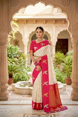 White soft silk blend saree with zari weaving meenakari design 1
