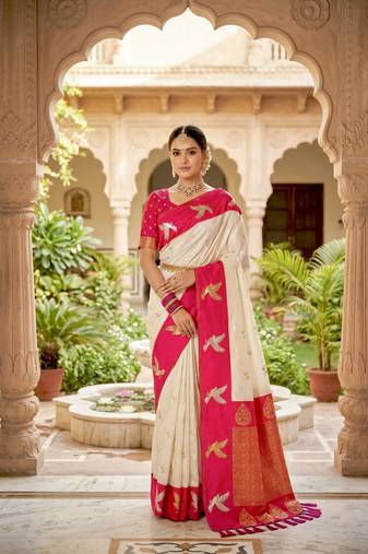 White soft silk blend saree with zari weaving meenakari design