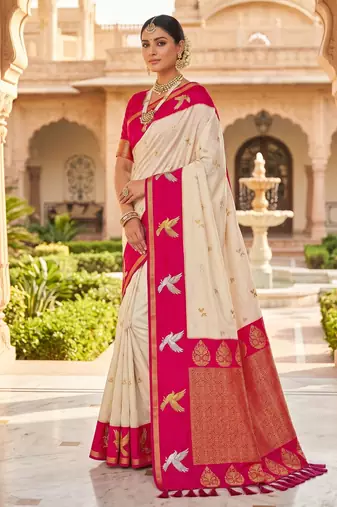 White soft silk blend saree with zari weaving meenakari design