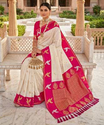 White soft silk blend saree with zari weaving meenakari design 3