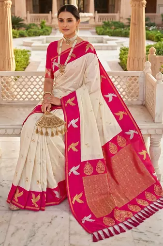 White soft silk blend saree with zari weaving meenakari design