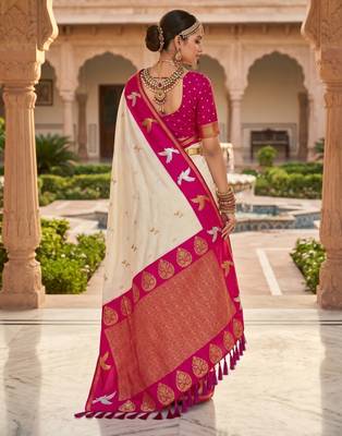White soft silk blend saree with zari weaving meenakari design 4